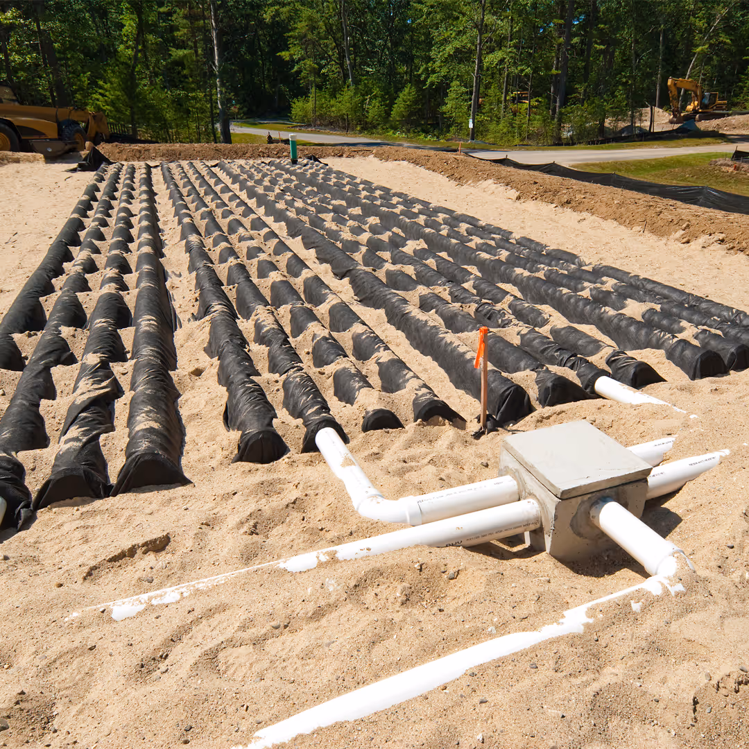 A new drain field being installed on a large lot