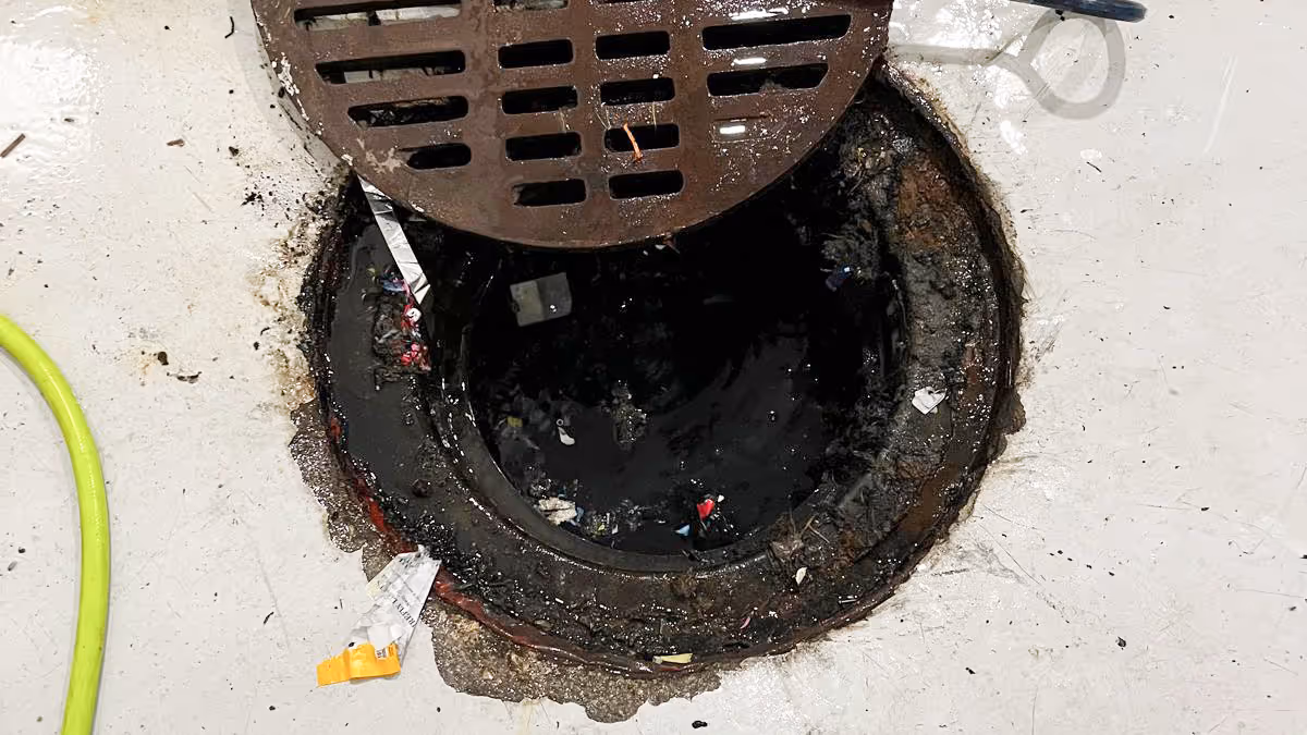 A commercial grease trap opened for cleaning