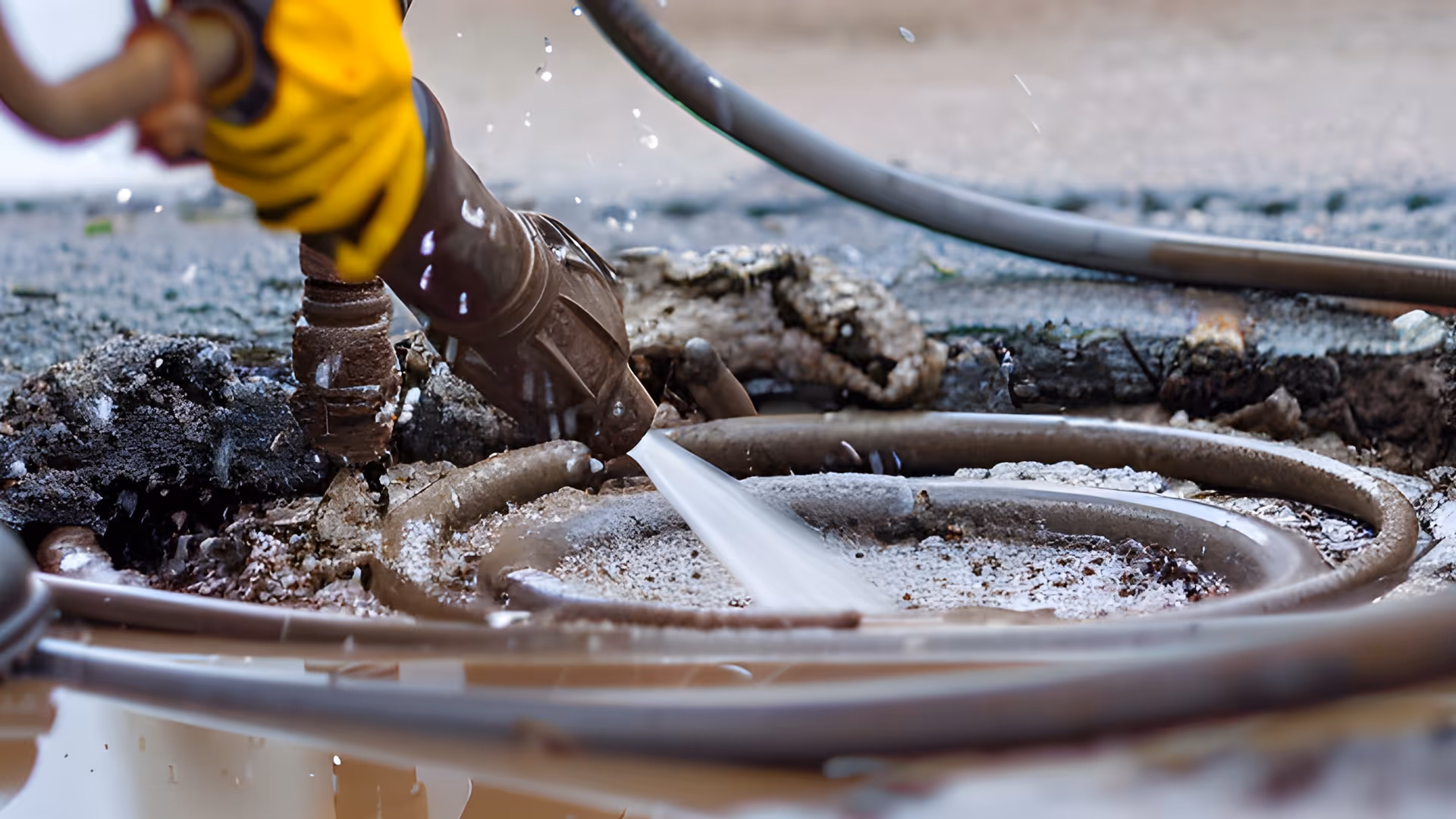 High-pressure water jetting equipment clearing a septic line