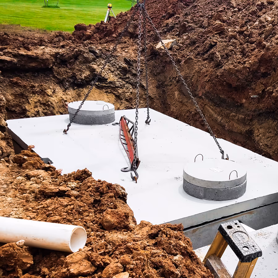 A new septic tank being set into an excavated site