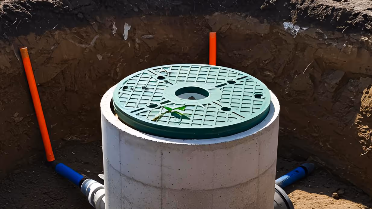 A septic tank riser and lid installed level with the lawn