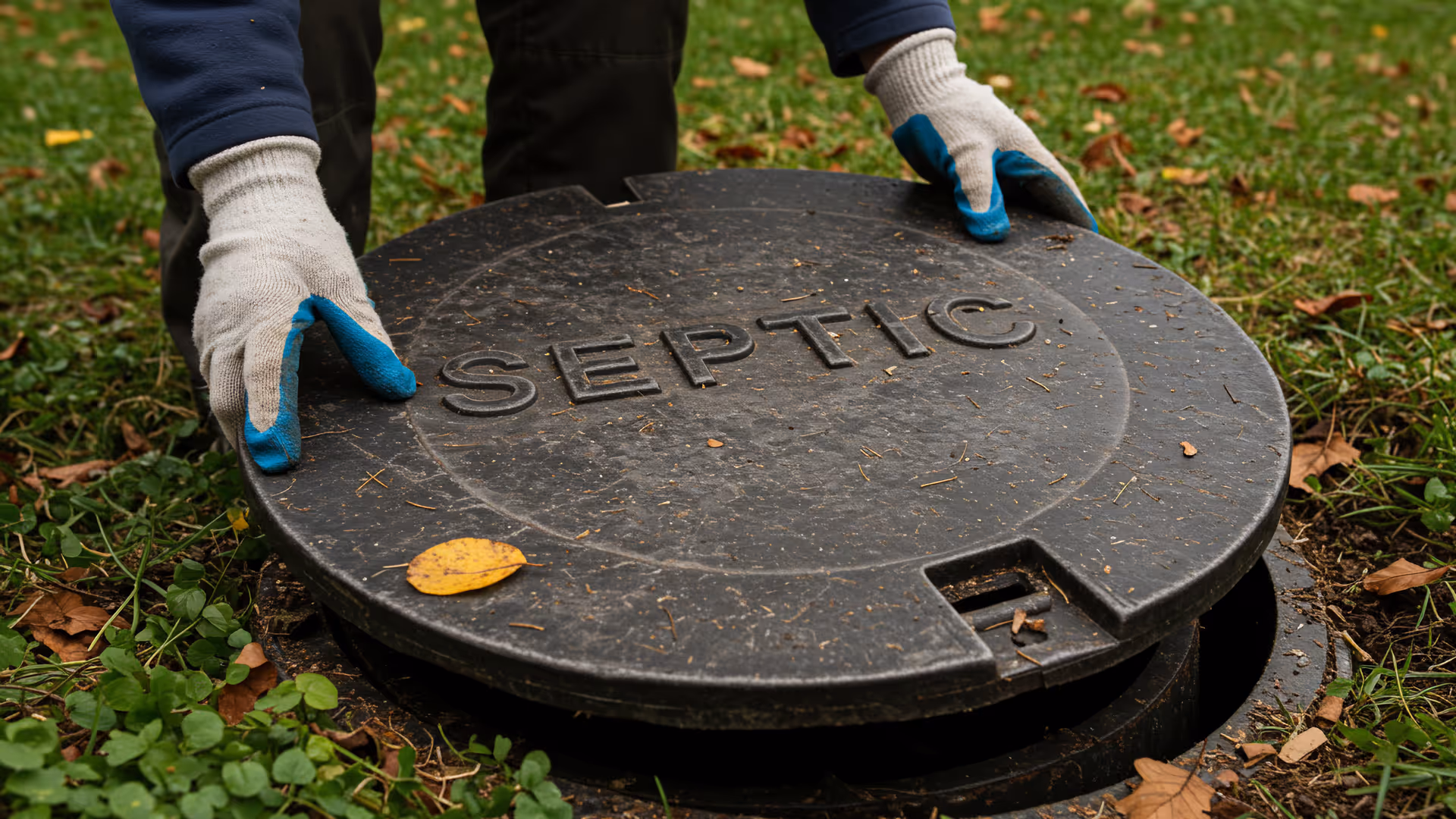 A technician opening a septic tank to inspect the inlet line
